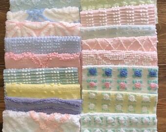 Vintage Chenille Fabric Quilt Squares /4 pc Rare Morgan Jones Rosebud, y varios bloques de colores pastel. Cantidad 24 piezas 6x6" 1/cada patrón