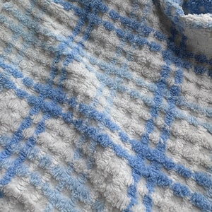 May include: Close-up of a blue and white checkered fabric with a soft, fuzzy texture.