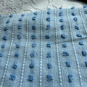 May include: Blue and white textured fabric with a repeating pattern of small white dots and larger blue raised dots.