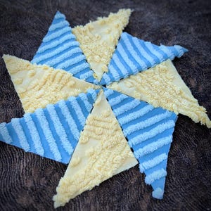 Aqua Mint diagonal stripes paired with sunny yellow Vintage Chenille Fabric Quilt Squares in Set of 9 6x6&quot; 2 patterns