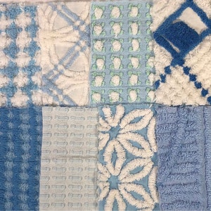 Vintage Chenille Fabric Quilt Squares / blue.  Qty 12 6x6" -1 of each pattern