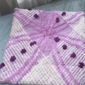 Pretty colors of Lavender w pink tufted stars, fine white lattice and purple pops. Vintage Chenille cut Fabric is available various sizes