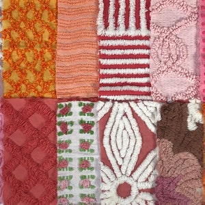 Vintage Chenille Fabric Quilt Squares / Pink, Coral, Salmon to Orange. Qty 12 6x6&quot; -1 of each pattern