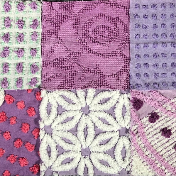 Vintage Chenille Fabric Quilt Squares in pretty lavender.  Qty 12 6x6" -1 of each pattern