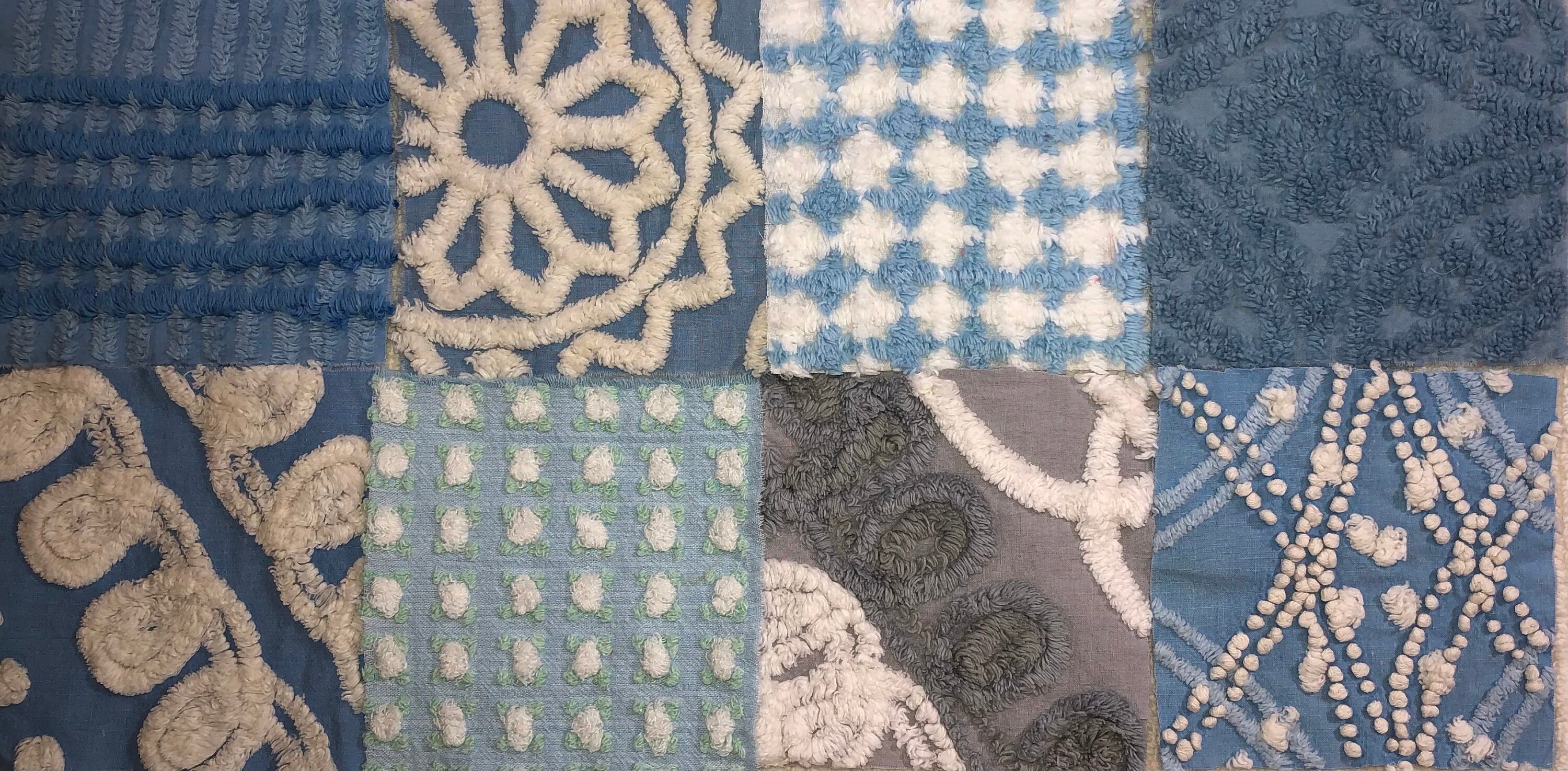 Vintage Chenille Fabric Quilt Squares / Morgan Jones Rosebud White and ...