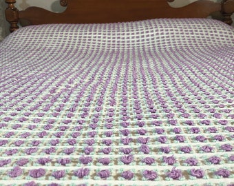Rare Vintage Chenille Bedspread Morgan Jones lavender rosebuds on white background. 86x104