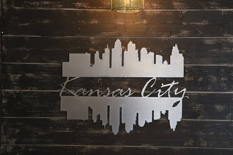 Metal Kansas City Double Skyline City Decor Skyline Sign Farmhouse Decor Skyline Wall Decor Skyline River Reflection KC Decor image 3