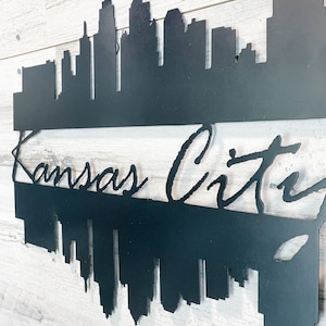 Metal Kansas City Double Skyline City Decor Skyline Sign Farmhouse Decor Skyline Wall Decor Skyline River Reflection KC Decor image 1