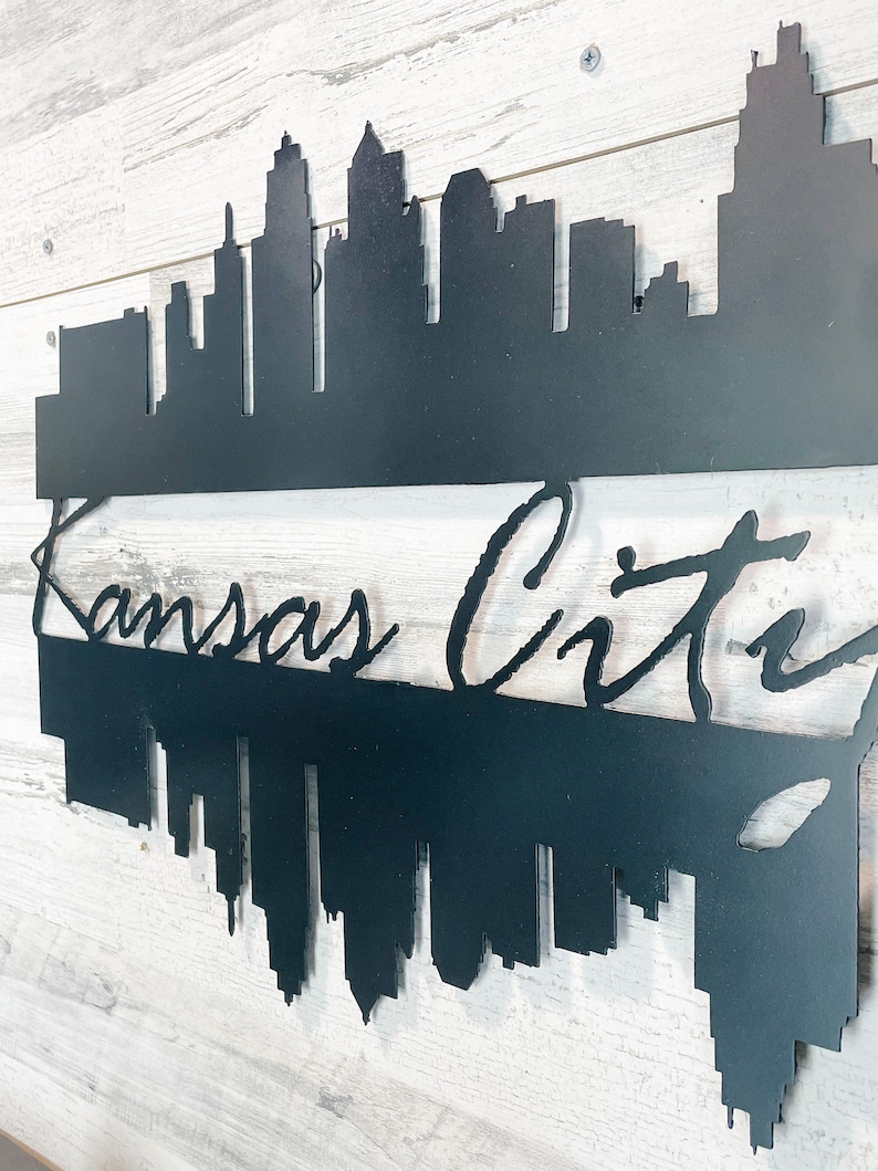 Metal Kansas City Double Skyline City Decor Skyline Sign Farmhouse Decor Skyline Wall Decor Skyline River Reflection KC Decor image 1