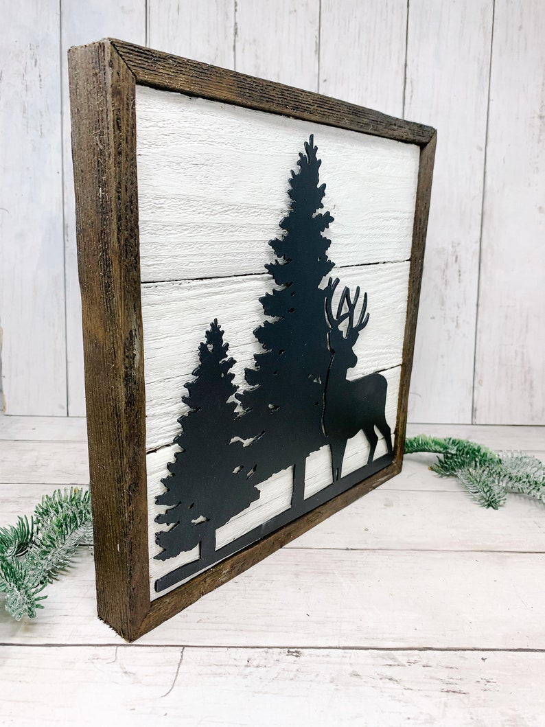 Black Metal Deer Scene on White Wood Neutral Christmas Decor Etsy