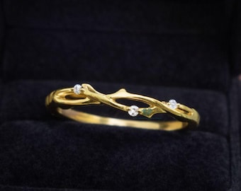 Anillo de oro de 14 quilates con forma de rama y diamantes cultivados en laboratorio. Anillo de eternidad minimalista con diamantes. Anillo de boda personalizado. Anillo apilable.