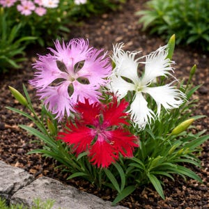 May include: Close-up of three fringed flowers in a garden setting. The flowers are pink, white, and red, with green foliage and buds. The flowers have a star-like shape with delicate, fringed petals. The background is blurred, with other flowers and soil visible.