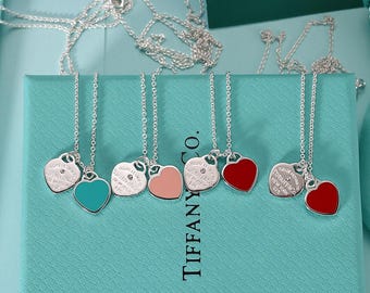 TIFFANY double heart enamel pendant, S925 sterling silver pendant, exquisite gift, gift for her