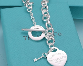 Please Return To Necklace, Heart & Key Charm Necklace, Sterling Silver Necklace, Designer Necklace, Tiffanys and Co Jewelry, Gift for Her