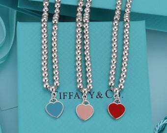 Tiffanys Bracele, Enamel Heart Charm 4mm Ball Chain Bracelet, Dainty Bracelet, Designer Bracelet, Beautiful Gift