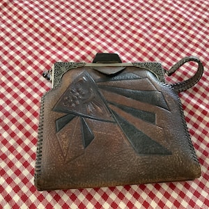Antique Art Deco Leather Purse 1900’s to 1920’s, Tooled leather Purse