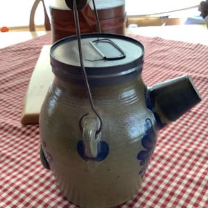 Rowe Pottery Batter Pail/Jug with Metal Lid and Pour Spout Cover. Salt Glaze Stoneware. 1993
