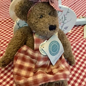 Puede incluir: Un oso de peluche marrón que lleva un vestido de cuadros rojos y blancos y un lazo de cuadros rojos y blancos. El oso está sentado sobre una superficie blanca con estampado floral. El oso tiene una etiqueta que dice "Boyd's Bear Workshop" y "The Bear Association".
