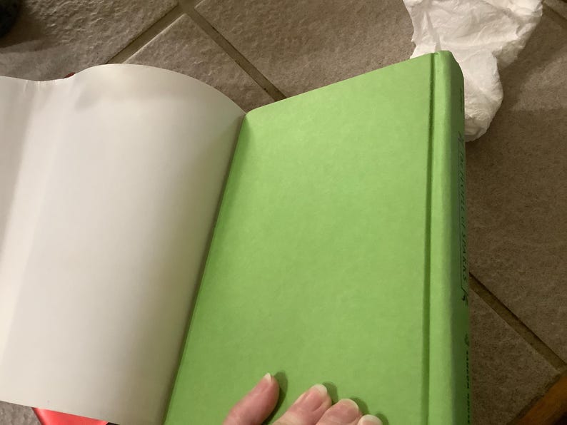 Puede incluir: Un libro de tapa dura con una cubierta verde brillante est&aacute; abierto, revelando p&aacute;ginas blancas. El lomo del libro es visible, y una mano est&aacute; parcialmente a la vista, sosteniendo el libro abierto. El libro est&aacute; sobre una superficie embaldosada.