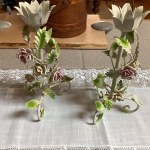 Tole Candle Holders made in Italy with Porcelian Roses. Not perfect but really awesome pieces.