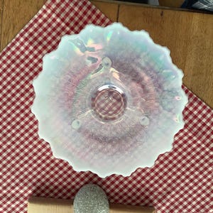 Fenton Opalescent Cake Plate. There is a small chip on one of the feet.