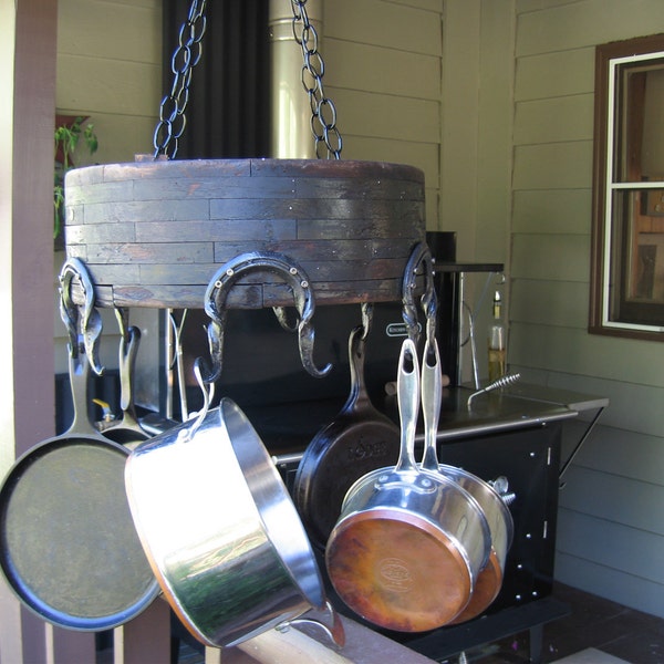 Pot Rack  Upcycled Griss Mill Pully  Wheel Rustic Pot Rack