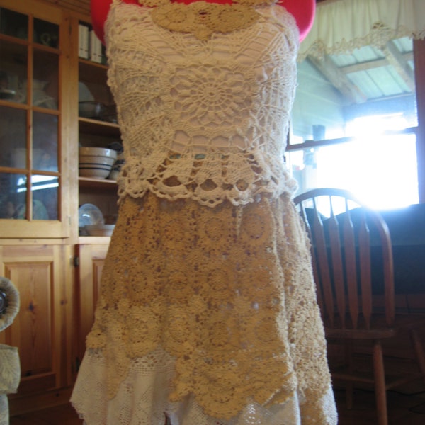Crochet Dress - Repurposed doily  dress -  Upcycled Doily Dress - Upcycled Collage Dress - Wedding dress -Upcycled Halter Dress