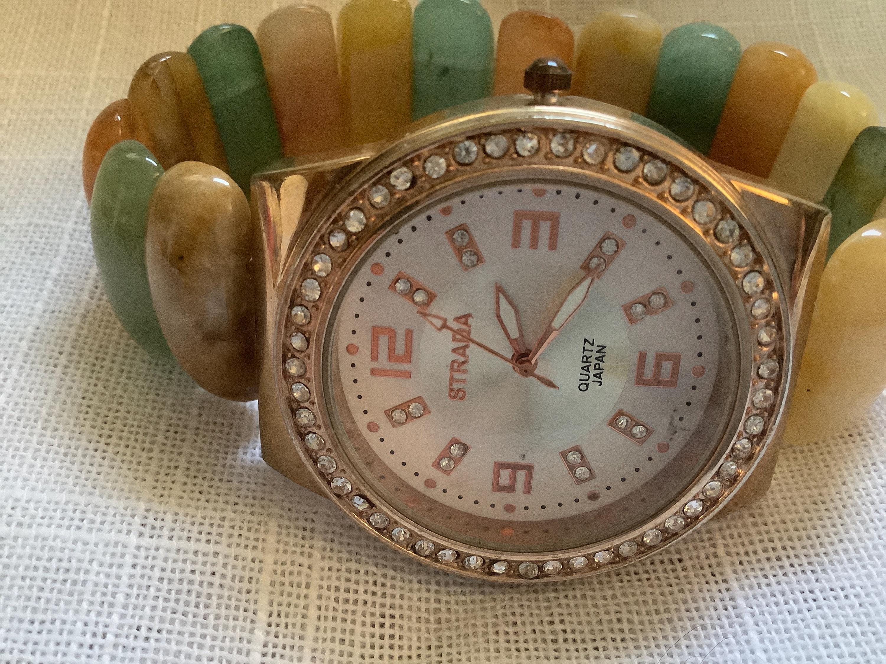 NEW STRADA Quartz Rose Gold Tone Crystal Bezel Pink Silicone Band Women\'s‎ Watch Cute Strada watch. Has purple band and rose gold tone case  main image 2
