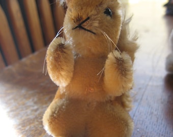 Könnte beinhalten: Ein braunes Plüsch-Eichhörnchen-Spielzeug mit einem langen Schwanz und einem weißen Bauch. Das Eichhörnchen steht auf einer Holzoberfläche.