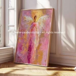 Póster del Arcángel Chamuel, Arte mural del Ángel del Amor, Arte mural espiritual en oro rosa, Imagen del Ángel Guardián Energía del Corazón, Póster moderno de ángel
