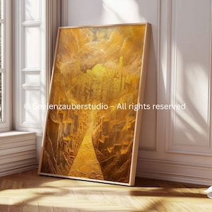 Póster de la Nueva Jerusalén – Arte mural cristiano en oro – Obra profética, Ciudad Celestial, Decoración mural religiosa