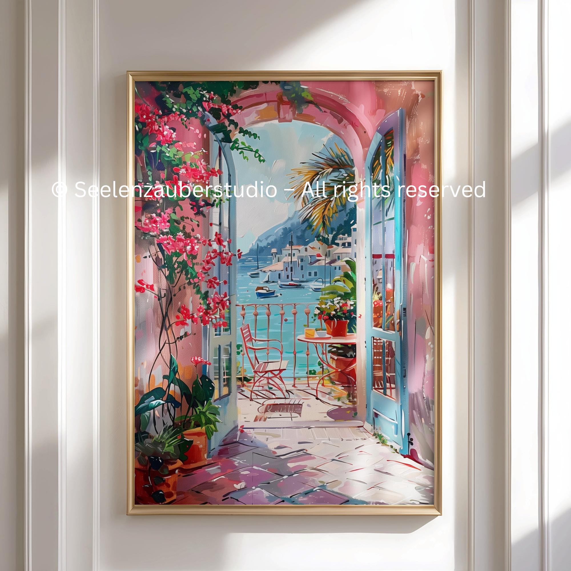 Mediterranean Terrace Poster | Mediterranean Wall Art Print | Sea View ...