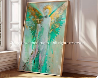 Poster van Aartsengel Rafaël – Engel van Genezing in turkoois en goud – Spirituele muurdecoratie – Afbeelding van een beschermengel voor gezondheid en troost