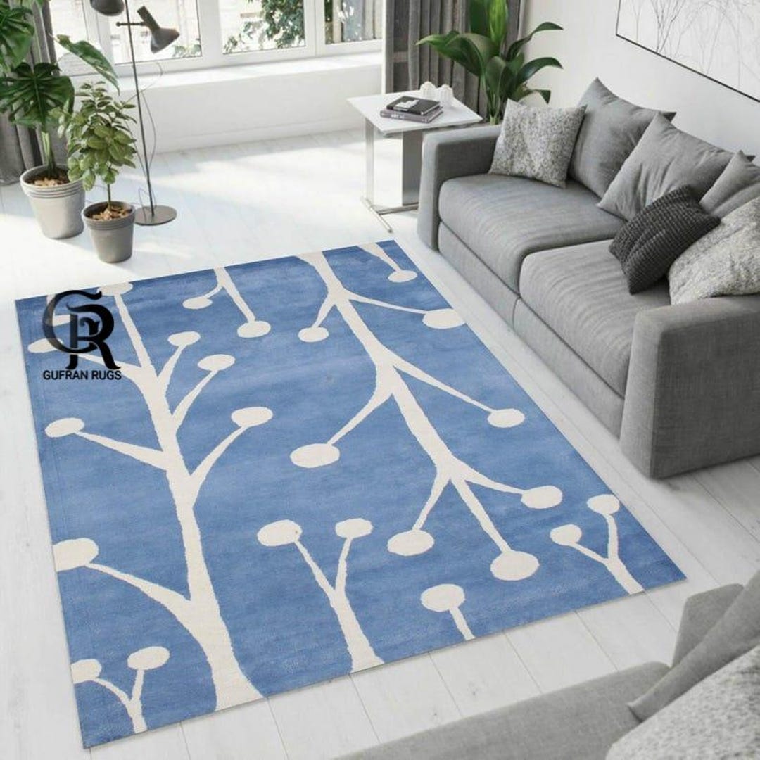 Modern Blue Tufted Area Rug With White Tree Design – Soft Hand‑tufted ...