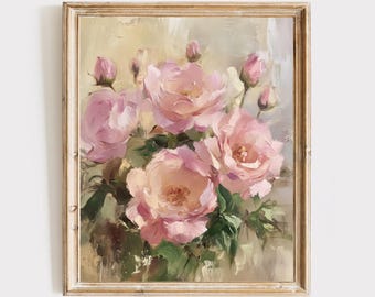 May include: A framed floral painting featuring a bouquet of pink roses and buds. The artwork has a soft, painterly style with visible brushstrokes and a warm color palette. The frame is a light, distressed gold color.