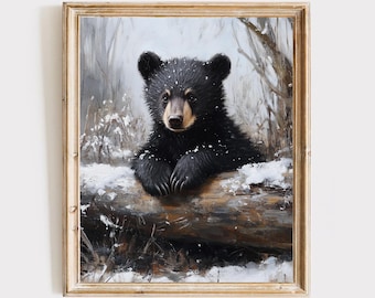 Black Bear Cub Winter Oil Painting Print – Vintage Woodland Wildlife Wall Art, Printable Decor 22