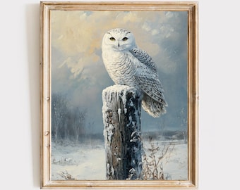 Lámina de búho nival estilo vintage: búho blanco sobre poste nevado, arte mural de fauna invernal (descarga digital).