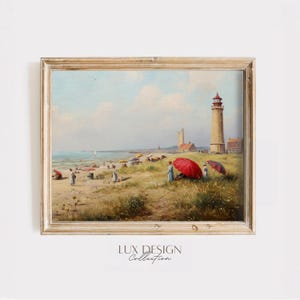 Vintage Coastal Lighthouse Printable - Classic 19th-Century Beach Scene, Seaside Charm, Sailboats and Beachgoers, Digital Wall Art 772