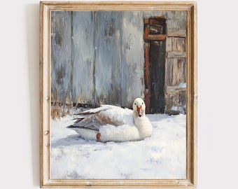 Goose Wall Art - White Goose in Farmyard Snow, Vintage Style Print 20