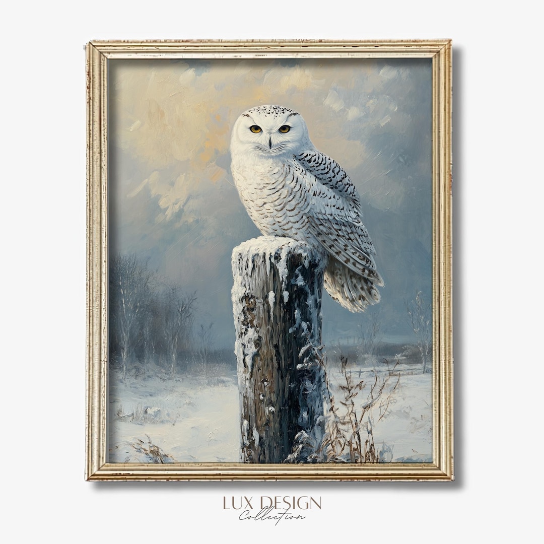 Snowy Owl Winter Scene Wall Art Print – Rustic Wildlife Painting ...