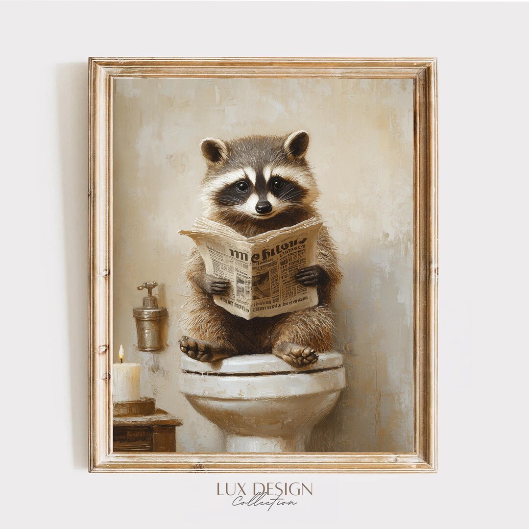 Printable Raccoon Reading Newspaper on Vintage Toilet - Cozy Rustic ...