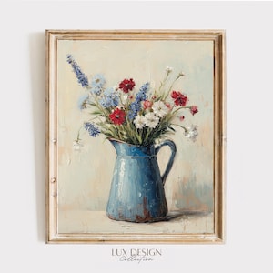 Vintage Blue Enamel Pitcher, Patriotic Red White Blue Wildflowers Printable Wall Art (Digital Download) 1012