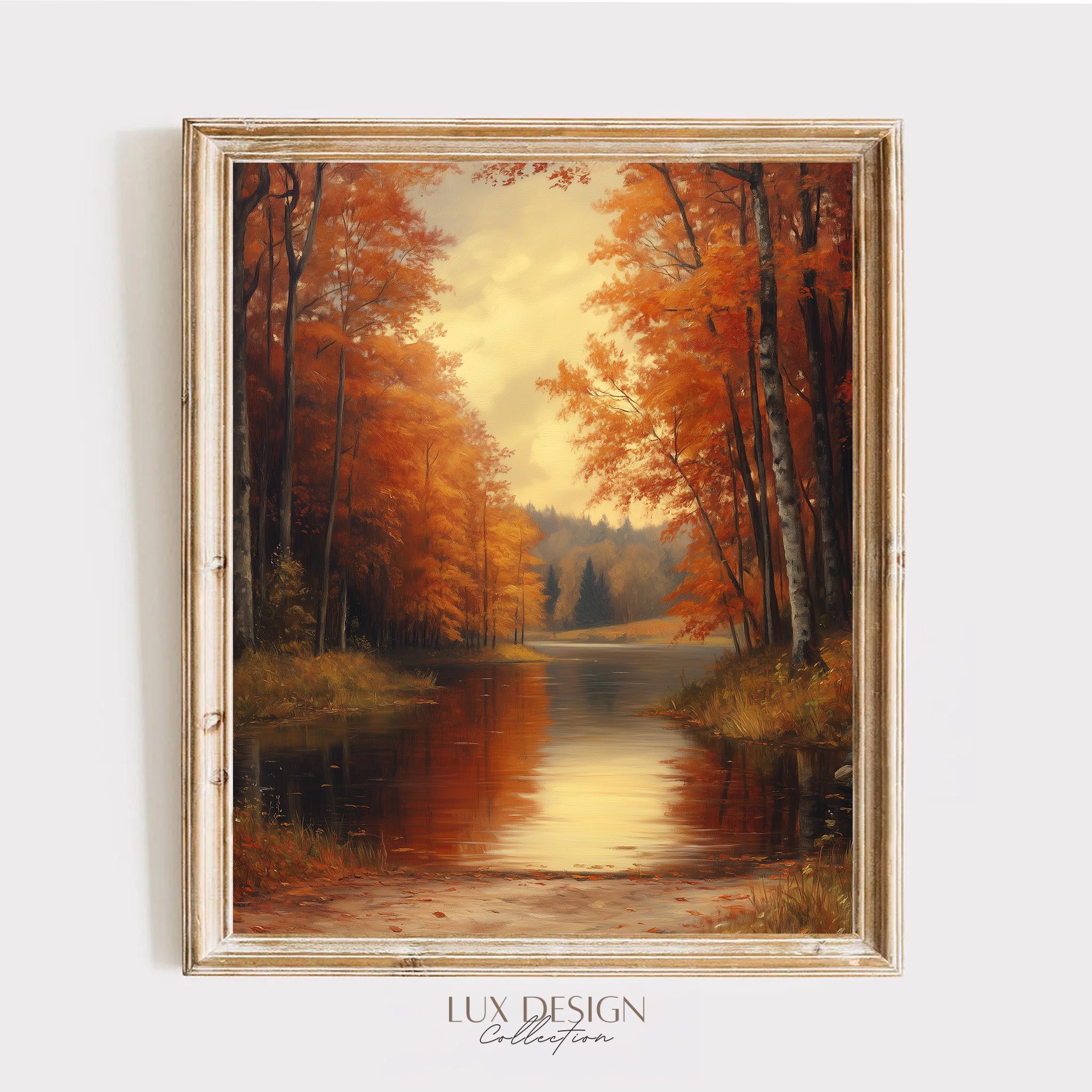 Autumn Forest River Oil Painting Print – Vintage Fall Landscape ...