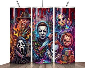 Horror Movie Characters Tumbler Wrap, Halloween Spooky Design Halloween Movie Tumbler Wrap Png, Scary Movie Tumbler, Digital Download