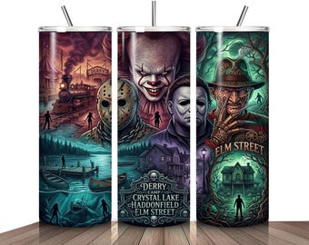 Horror Movie Characters Tumbler Wrap, Halloween Spooky Design Halloween Movie Tumbler Wrap Png, Scary Movie Tumbler, Digital Download