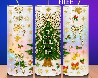 Christian Christmas Tumbler Wrap: Glitter Coquette Bow Design (Digital Download)