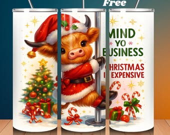 Funny Christmas Highland Cow Tumbler Wrap: Seamless PNG (Digital Download)
