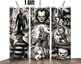 Horror Movie Characters Tumbler Wrap, Halloween Spooky Design Terrifier Inspired 20oz Skinny Tumbler Wrap PNG | Horror Clown Sublimation