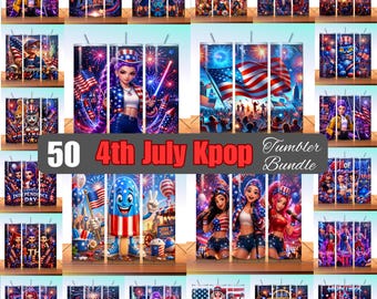 50 Kpop 4th of July Tumbler Wrap Bundle, Patriotic Pop Star Sublimation Design, Independence Day 20oz Skinny Tumbler PNG