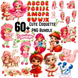 レトロなイチゴの漫画 PNG クリップアート：80 年代のかわいい昇華デザイン（デジタルダウンロード）